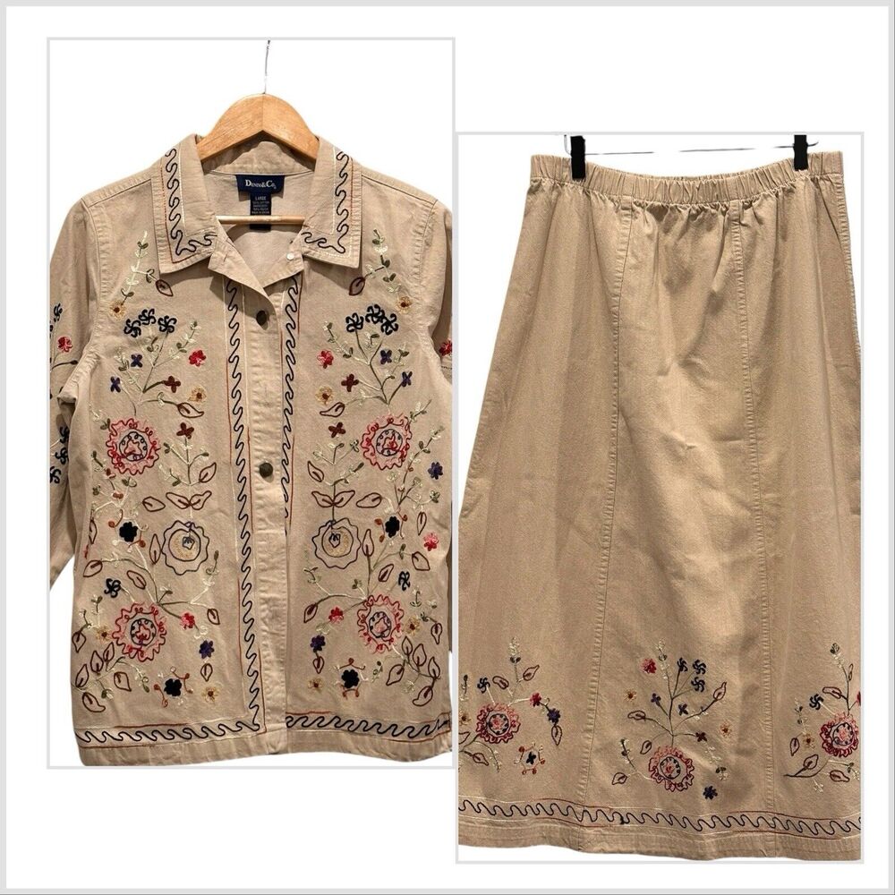 Denim & Co. Embroidered Boho Denim Shirt Jacket & Skirt Set Size L Tan Beige